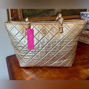 NWT Lilly Pulitzer Gold Quilted Leather Meena Tote
